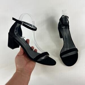 Stuart Weitzman Ankle Strap Heels Women's 8 Black Slip-On Leather Sole Hipster